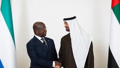 Sheikh Mohamed and Mr Bio held talks to explore ways to expand collaboration in renewable energy and sustainability. Ryan Carter / UAE Presidential Court