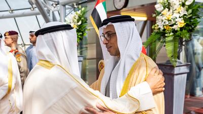 Sheikh Mansour bin Zayed, Vice President and Deputy Prime Minister, greets Sheikh Meshal