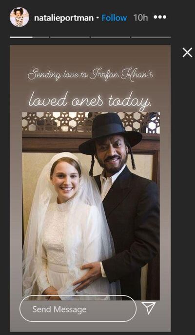 Natalie Portman shared love with Irrfan Khan's family alongside a picture of the two co-starring in 2009 film 'New York, I Love You'. Natalie Portman / Instagram
