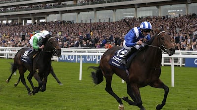 Muhaarar ridden by Paul Hanagan leads the field home to win the British Champions Sprint Stakes. Getty Images