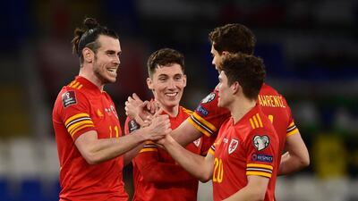 Wales' Gareth Bale and teammates celebrate after the match. Reuters