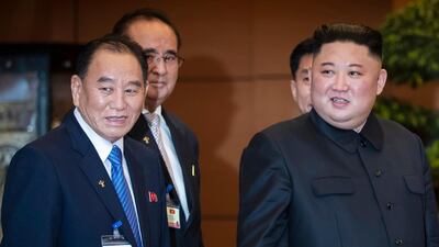 Kim Yong-chol, left, has been reported purged over the failed nuclear summit by his leader Kim Jong-un. AP