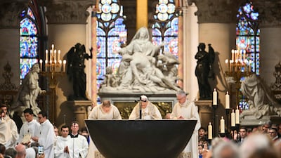 Pope Leo XIV celebrates mass in Notre-Dame Cathedral in Paris. AFP