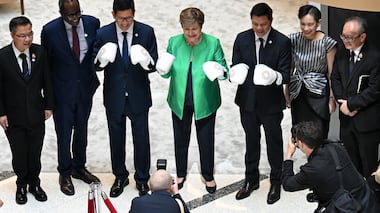Kristalina Georgieva, managing director of the International Monetary Fund (IMF), center, joined by members of the Thai delegation, during a demonstration of Muay Thai during the IMF and World Bank Spring meetings in Washington. Bloomberg
