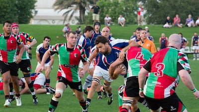 The Jebel Ali Dragons and Abu Dhabi Harliquins in action on Friday. Duncan Chard for the National