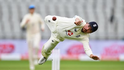 Burns of England dives in vain for the catch of Shane Dowrich of West Indies. Getty