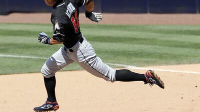 Miami Marlins batter Ichiro Suzuki of Japan races to second base after doubling in the ninth inning of play against the San Diego Padres at Petco Park in San Diego, California, USA 15 June 2016. Paul Buck / EPA