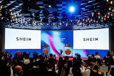 Shein's logo is displayed at the Hong Kong Stock Exchange. AFP