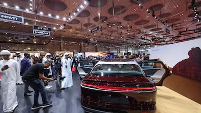 A Lucid Air Dream Edition electric vehicle on the opening day of the Geneva International Motor Show Qatar 2023, in Doha. Bloomberg
