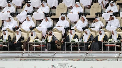 Sheikh Mohammed bin Rashid, Prime Minister and Vice President of the UAE and Ruler of Dubai, along with other members of the executive council watch Al Ahli play Al Nasr during the President’s Cup final match at Hazza bin Zayed Stadium in Al Ain on June 3, 2015. Christopher Pike / The National