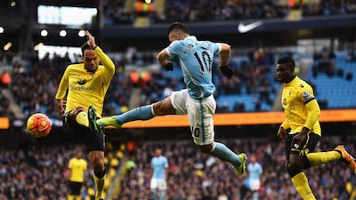 Sergio Aguero of Manchester City scores against Aston Villa. (Photo by Laurence Griffiths/Getty Images)