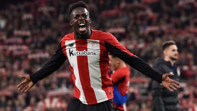 Athletic Bilbao's Inaki Williams celebrates after scoring the winner against Barcelona during the Copa del Rey quarter-final at the San Mames Stadium in February 2020. EPA