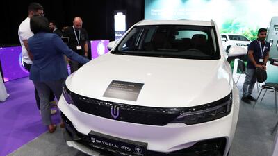 The Skywell ET5 electric car on display at the Expo