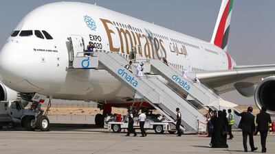 Emirates' Airbus A380 is displayed at the Dubai Airshow. Marwan Naamani / AFP