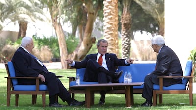 US President George W. Bush discusses the Middle East peace process with prime minister Ariel Sharon of Israel, left, and Palestinian Prime Minister Mahmoud Abbas in Aqaba, Jordan, June 4, 2003. Reuters