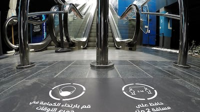 Warning stickers pasted on the floor in The Walk at the Jumeirah Beach Residence in Dubai. Authorities eased the restrictions for residents in Dubai. Pawan Singh / The National