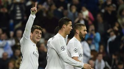 Real Madrid midfielder Mateo Kovacic, left, shown celebrating after scoring against Malmo in the Champions League in December. Pierre-Philippe Marcou / AFP