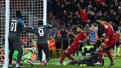 Liverpool's Mohamed Salah scores the opening goal in the 2-0 Champions League win against Napoli at Anfield on November 1, 2022. EPA