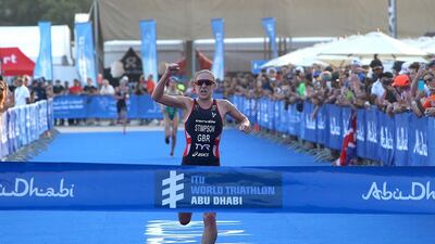 Jodie Stimpson from Great Britain finishing first in Elite Women 2016 ITU World Triathlon yesterday on Abu Dhabi Sailing and Yacht Club on Breakwaters. Ravindranath K / The National