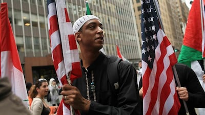 Participants wait for the start of the American Muslim Day Parade in New York. Following on a debate between HA Hellyer and Tariq Ramadan, Faisal Al Yafai argues that Muslims in the West who wish to speak truth to power can find their views compromised by states. (Spencer Platt/Getty Images/AFP)