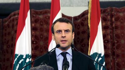 Emmanuel Macron speaks during a press conference at the Government House, in downtown Beirut in 2017. AP