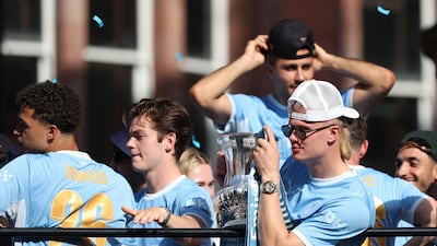 Manchester City's Erling Haaland during the victory parade celebrating a successful season that included the FA Cup, League Cup and a runners-up finish in the Premier League. Reuters