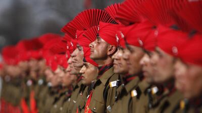 New recruits of the Jammu Kashmir Light Infantry Regiment (JKLIR) attend a passing out parade at an army base on the outskirts of Srinagar in Indian Kashmir. The 256 recruits were formally inducted into the Indian Army’s JKLIR after finishing their training. (Farooq Khan / EPA / March 8, 2014)