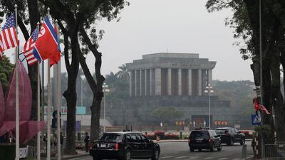 The motorcade carrying US President Donald Trump drives past Ho Chi Minh Mausoleum in Hanoi, Vietnam. AP Photo