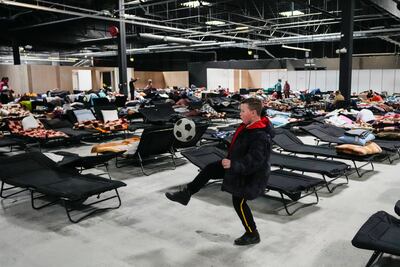 An exhibition hall that ha been turned into a refugee centre in Nadarzyn, near Warsaw, Poland. AP