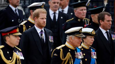 Prince Harry, King Charles III, Princess Anne and Peter Phillips arrive at Westminster Abbey for the funeral of Queen Elizabeth II. AP