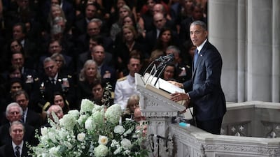 Former US President Barack Obama speaks at the memorial service of John McCain. Reuters