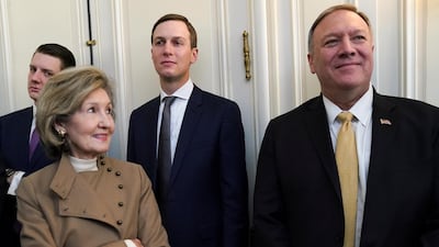 US Ambassador to NATO Kay Bailey Hutchison looks at US Secretary of State Mike Pompeo next to White House senior advisor Jared Kushner during the meeting of US President Donald Trump and NATO Secretary General Jens Stoltenberg, ahead of the NATO summit in Watford, in London. Reuters
