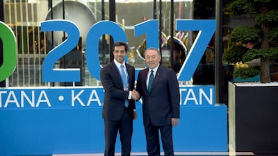 Sheikh Mansour bin Zayed, the Deputy Prime Minister and Minister of Presidential Affairs, meets Nursultan Nazarbayev, the president of Kazakhstan at the opening of the Astana Expo in the Kazakhstan capital. Wam