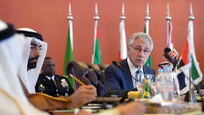 US defence secretary Chuck Hagel, right, sought to assure his GCC counterparts that America will not compromise the Gulf’s security in its nuclear pact with Iran. He was speaking at the opening session of the US-GCC Strategic Defence Dialogue in Jeddah on May 14, 2014. Mandel Ngan/Reuters