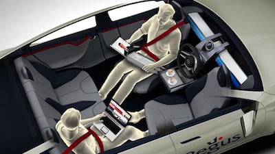 The XchangE, which will be displayed at the Geneva Motor Show in March, allows the front seats to swivel backwards, creating a work and meeting space for four people. Courtesy photo