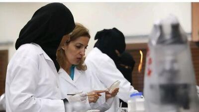 The University of Sharjah is one of a handful of institutions offering a first degree in biotechnology. Above, Ban Al Joubori, centre, teaches in the biotech labs at the university's women's campus. Antonie Robertson / The National