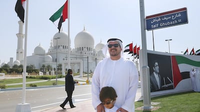 Saeed Saif Ghubash and his son Saif, were at the street naming ceremony near the Zayed Grand Mosque on February 18, where the street was renamed Saif Ghubash Street, after his father and Saif’s grandfather. Delores Johnson / The National