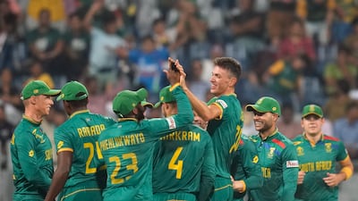 South Africa's Marco Jansen, third right, celebrates the wicket of Bangladesh's Najmul Hossain Shanto. AP