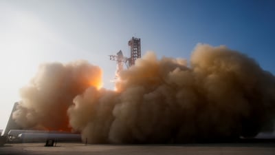 SpaceX’s Starship lifts off from the company’s Boca Chica launch pad in Texas on an orbital test mission, in a photo retrieved from a destroyed remote camera on the pad. Reuters