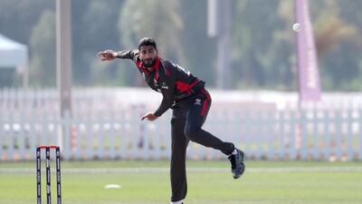 Ahmed Raza bowling during the World Cup T20 qualifiers against Nigeria. Pawan Singh / The National