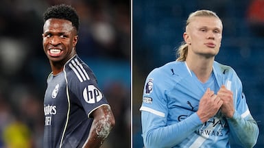 Real Madrid's Vinicius Junior and Erling Haaland of Manchester City. Getty Images; EPA