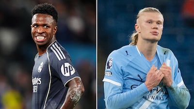 Real Madrid's Vinicius Junior and Erling Haaland of Manchester City. Getty Images; EPA