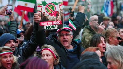 Demonstrators in London this month calling on the UK government to proscribe Iran's Islamic Revolutionary Guard Corps. Getty Images