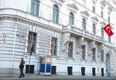 An Austrian soldier stands guard outside the Turkish embassy in Vienna AFP