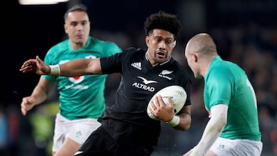 Ardie Savea makes a break to score a try for New Zealand against Ireland. AFP
