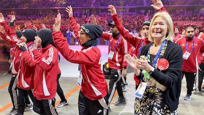 The UAE Special Olympics team acknowledge their supporters at the opening ceremony of the World Winter Games in Turin, Italy. Special Olympics UAE
