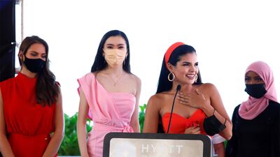 From left, Miss France, April Benayoum; Miss Japan, Tamaki Hoshi; Miss Venezuela, Alejandra Conde; and Miss Somalia, Khadija Omar, at the welcoming ceremony.