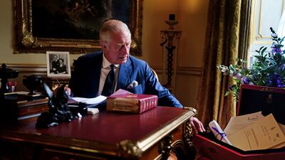King Charles III with his red despatch box for the first time since becoming monarch, as he carries out official government duties at Buckingham Palace following the death of Queen Elizabeth II. Taken by Victoria Jones. PA
