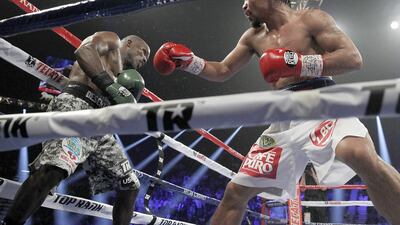 Manny Pacquiao shown during his fight against Timothy Bradley last April at the MGM Grand in Las Vegas, which he won on points. Mike Young for The National / April 12, 2014