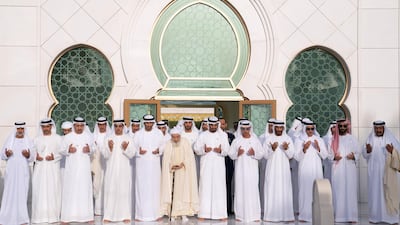 UAE leaders pray at the tomb of Sheikh Zayed bin Sultan, UAE's Founding Father, in Abu Dhabi. Hamad Al Kaabi / Crown Prince Court - Abu Dhabi